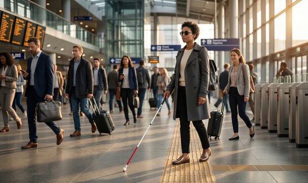 Visually impaired woman navigating busy airport terminal with white cane