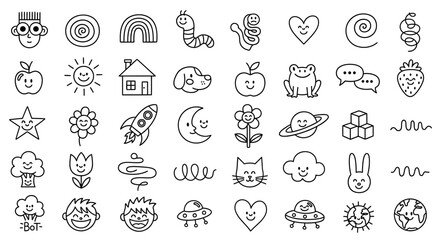 Fototapeta premium black and white line icons set, simple doodle style, emoticon and object symbols