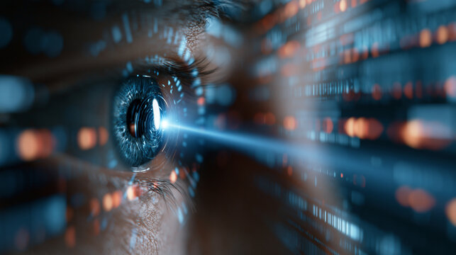 Futuristic concept illustration of a glowing human eye being scanned by retinal recognition technology, defocused digital data streams in background, iris biometric