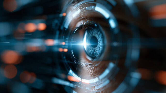 Futuristic concept illustration of a glowing human eye being scanned by retinal recognition technology, defocused digital data streams in background, iris biometric