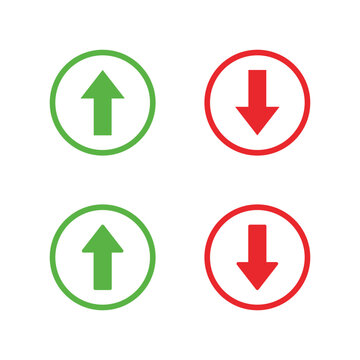 Up and down arrow icon in green and red circular outline. Upward and downward symbol. Vertical arrows direction sign