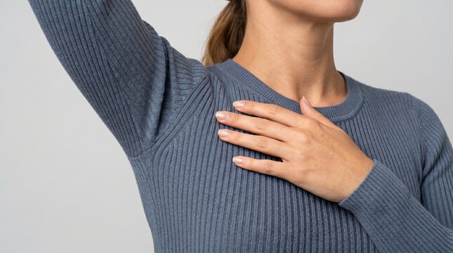 Close up of a woman wearing a blue ribbed sweater raising her arm to reveal her clean healthy underarm area