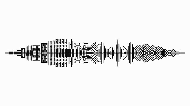 An abstract digital sound wave illustration showcasing the fusion of technology and art, featuring intricate binary code and circuit board elements