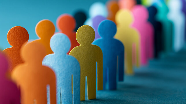 Colorful paper cutout silhouettes of diverse people standing together in a row on a bright solid background, inclusion and diversity concept, community togetherness, international