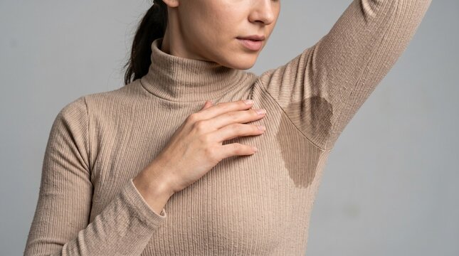 A woman wears a tight beige turtleneck sweater showing a noticeable dark sweat stain under her arm in bright lighting