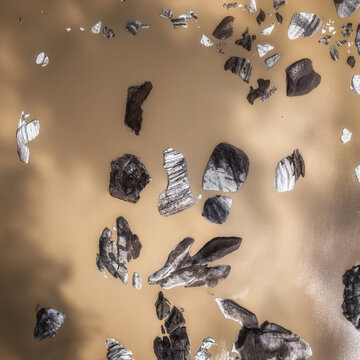 Aerial view of icebergs and glacial fragments floating in silty brown water with dark volcanic ash streaks in Vatnajokull National Park, Iceland.
