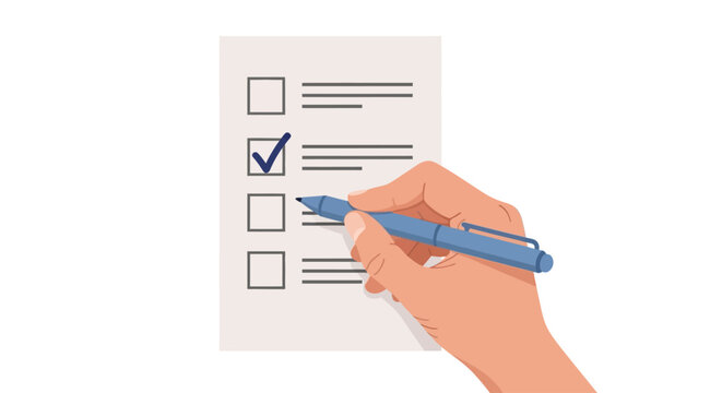Hand holding pen checking boxes on form, survey concept, business background