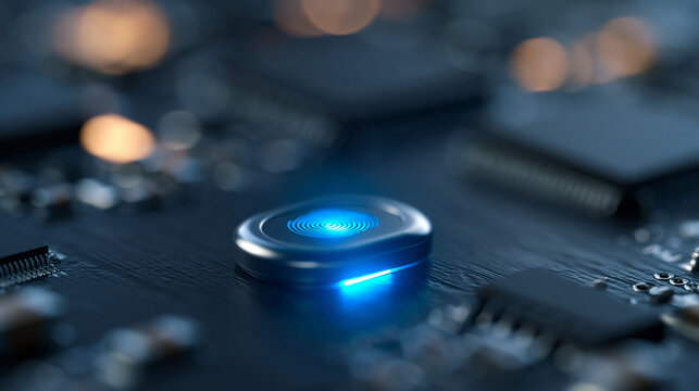 Close-up of a biometric fingerprint reader glowing blue on a dark surface, defocused technology hardware in background, digital security device, fingerprint authentication, smart