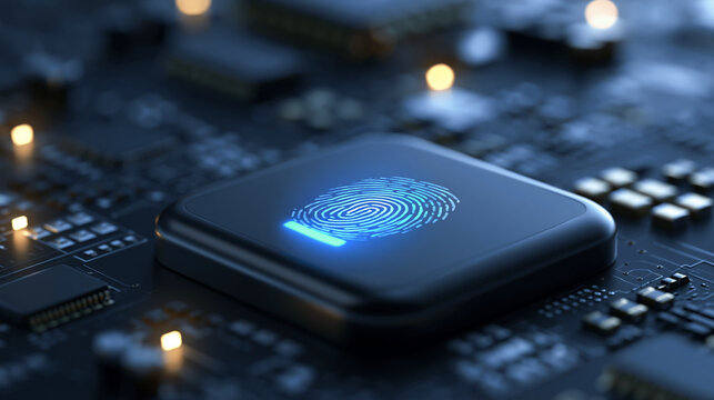Close-up of a biometric fingerprint reader glowing blue on a dark surface, defocused technology hardware in background, digital security device, fingerprint authentication, smart