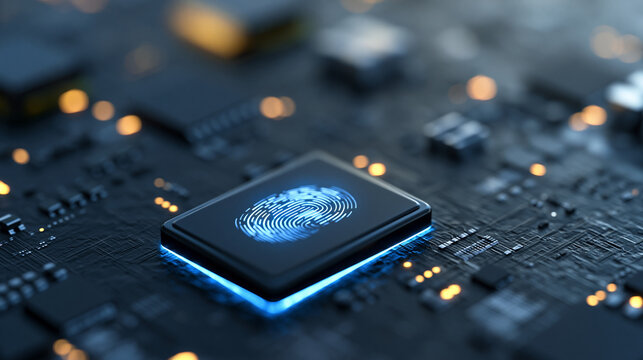Close-up of a biometric fingerprint reader glowing blue on a dark surface, defocused technology hardware in background, digital security device, fingerprint authentication, smart