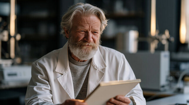 Elderly quantum dot display technology researcher holds a prototype panel under calibrated examination lighting inside a materials characterization lab, thin-film deposition