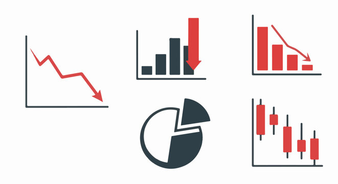 A collection of five financial charts and graphs displaying downward trends