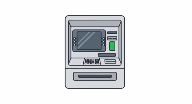 A stylized illustration of a gray automated teller machine with a dark screen and keypad