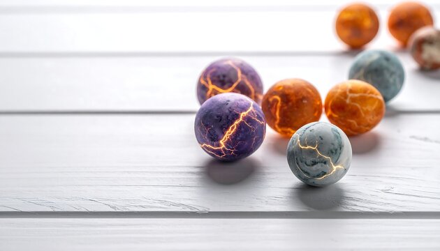 Colorful, cracked orbs scattered across a white, horizontally-laid wooden surface, creating a vibrant, textured scene