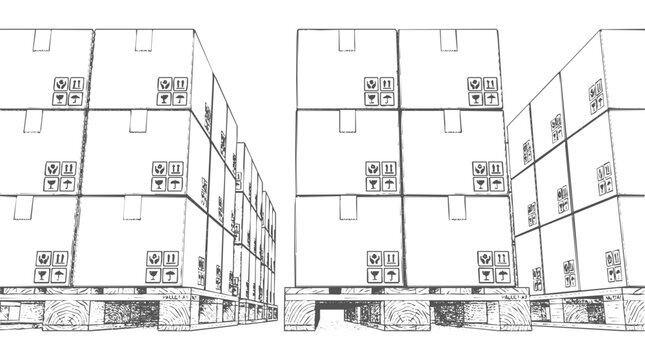Packaging, stacked boxes - Detailed Illustration of Stacked Cargo Shipping Containers with Handling Symbols for Logistics and Warehouse Management