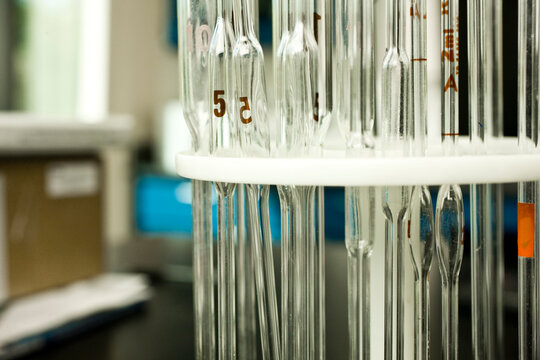 Glass beakers in laboratory, close-up