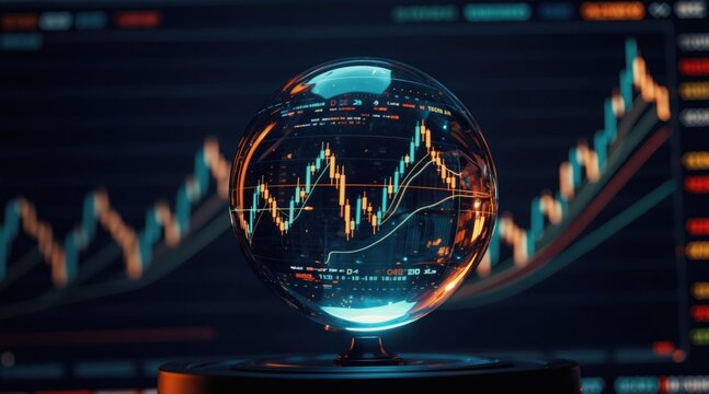 Crystal sphere shows stock market candlestick chart. Digital finance data and trading graph overlay background. Future economy forecast concept.
