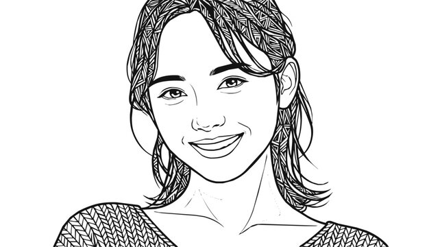 Detailed Portrait of a Smiling Woman in Line Art Style for Adult Coloring Page featuring a Zentangle Pattern