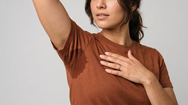A young woman wearing a brown t-shirt showing a visible sweat patch on her underarm area in bright lighting