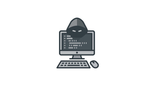 Hooded hacker figure behind computer monitor with programming code.
