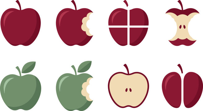 Apple Fruit Icon Collection with Whole Sliced Cut and Eaten Fresh Produce Symbols for Food Design