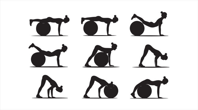 Minimalist pilates exercise icon set with stability ball workouts, stretching poses and fitness training symbols in black vector style
