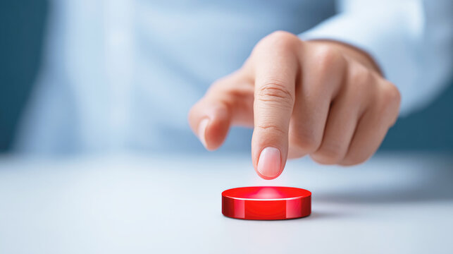 A finger presses a glowing red button on a clean digital interface, symbolizing action, alert, or confirmation. Selective focus.