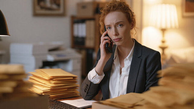 Furious businesswoman talks on phone while staring at broken printer, surrounded by envelopes and boxes on messy office desk.