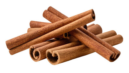 Pile of cinnamon sticks with rough texture and warm brown color