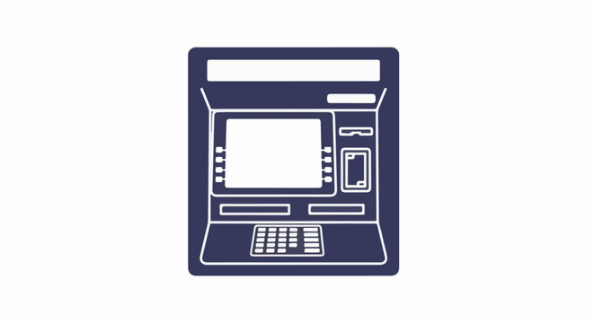 A simple icon depicts a dark blue automated teller machine with a white screen and keypad