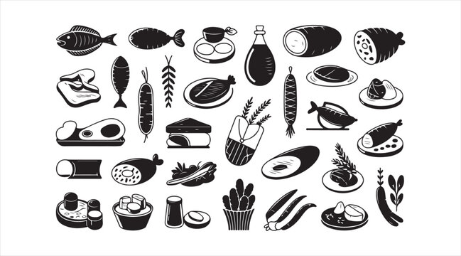 Marine cuisine symbol pack with seafood, sushi, crustaceans and fish food icons in minimalist black vector design