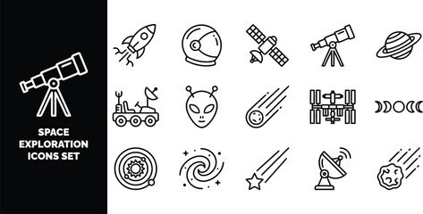 Space exploration set featuring rocket, astronaut helmet, satellite, telescope, planet, alien, rover, comet, and galaxy symbols © ico-vect