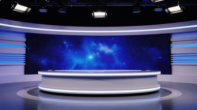 Modern broadcast studio with large curved screen showing starry nebula. Sleek circular desk is central to space. Lights illuminate scene, creating futuristic atmosphere for news or entertainment.