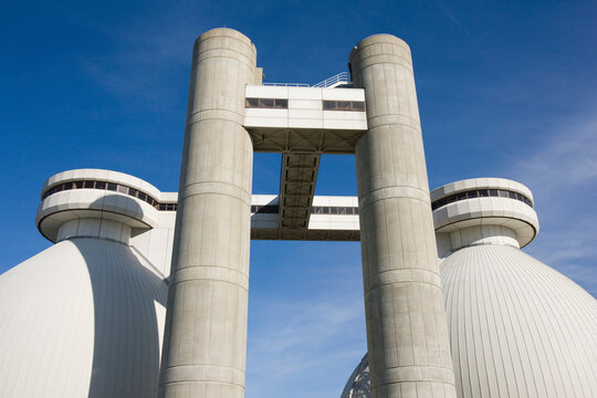 Low angle view of digester tanks in a water treatment plant