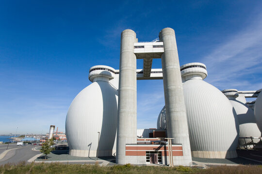 Low angle view of digester tanks in a water treatment plant