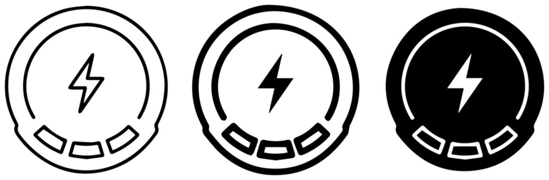 Energy Meter Icons, Power Gauge Symbols, Electricity Level Indicators, Battery Charge Status, Voltage Meter Vector Set