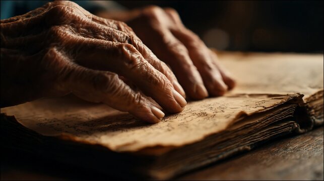 The weathered hands of an elderly person resting upon the aged textured pages of an antique leather bound book