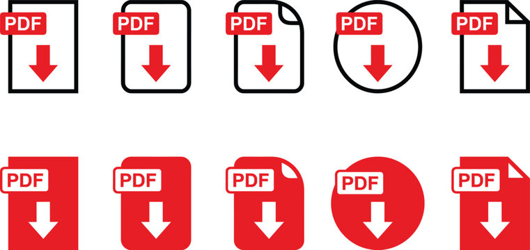 Set of minimalist PDF download icons in black and red for digital file interface and document button design