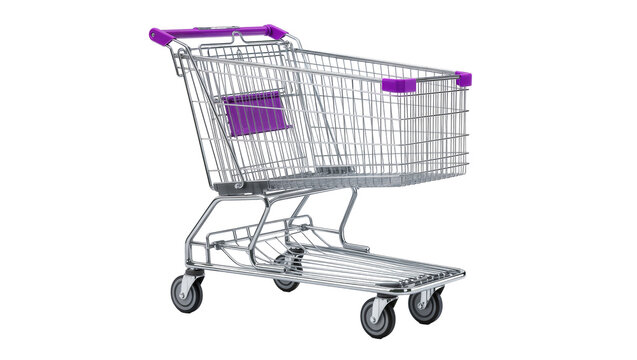 Metal shopping cart with purple handles and accents