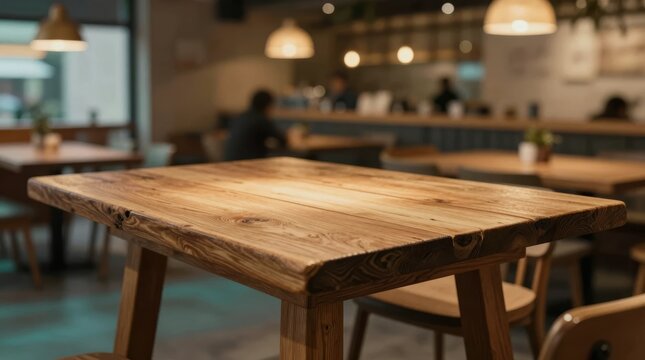 Table at a cafe with blurred customers and warm lighting in the background during a weekday