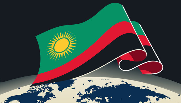 Kurdistan flag waving over Earth, green red black colors, vector illustration, symbol of Kurdish autonomy