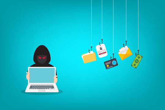Hacker with laptop computer stealing confidential data, personal information and credit card detail. Hacking concept.	