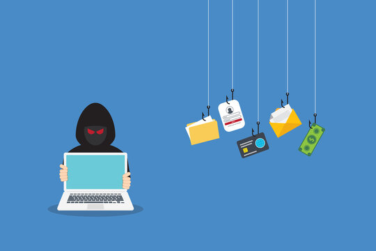 Hacker with laptop computer stealing confidential data, personal information and credit card detail. Hacking concept.	