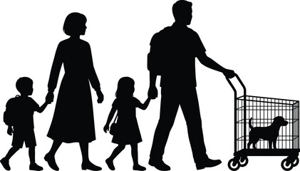 Silhouette illustration of family walking together with shopping cart carrying dog, representing modern lifestyle and pet care © GeetaRani