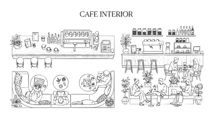 Obraz premium Detailed hand-drawn cafe interior set featuring a coffee shop illustration with views of customers, barista counters, and cozy lounge seating