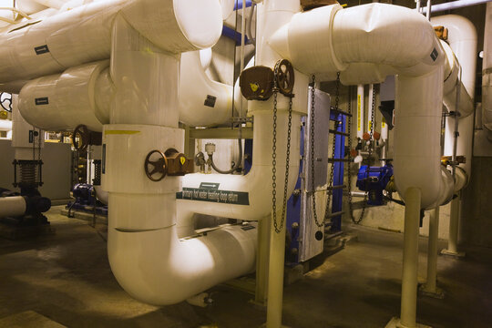 Insulated hot water piping in a water treatment plant