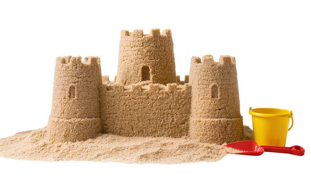Sandcastle with towers and battlements, yellow bucket and red shovel