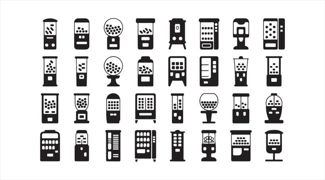 Modern vending dispenser symbol pack with snack machines, self service kiosks and retail automation icons isolated on white background