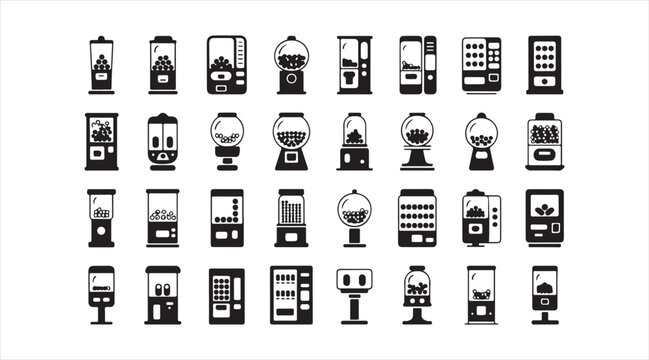 Automated retail collection featuring vending machine icons, beverage dispensers and commercial equipment vector pictograms