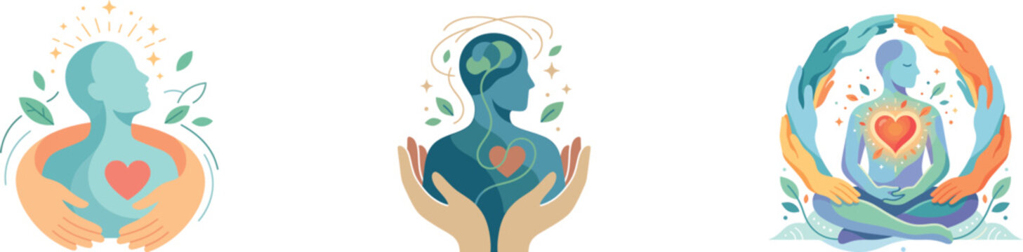 Mental wellness icons heart brain and lotus position illustrations